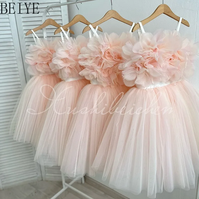 Toddler Girls Romantic Ruffled Flower Camisole Dress Voluminous Tiered Tulle Tutu Dress Elegant Flower Girl Photo Shoot Outfit