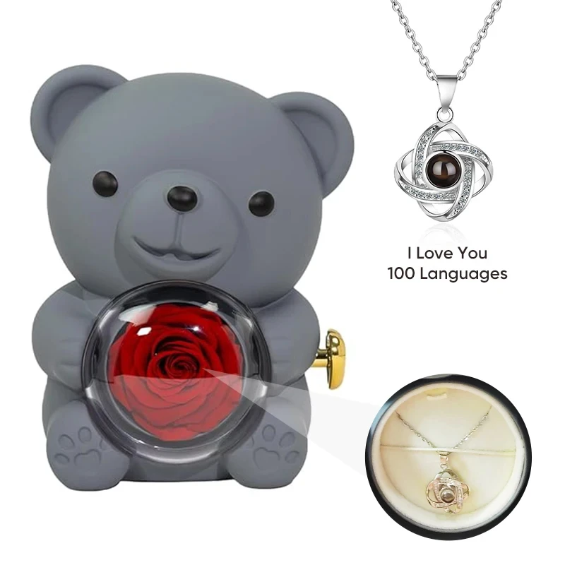 Spin Eternal Rose Jewelry Box Hug Bear Gift Box Anniversary Birthday I Love You Projection Necklace Jewelry