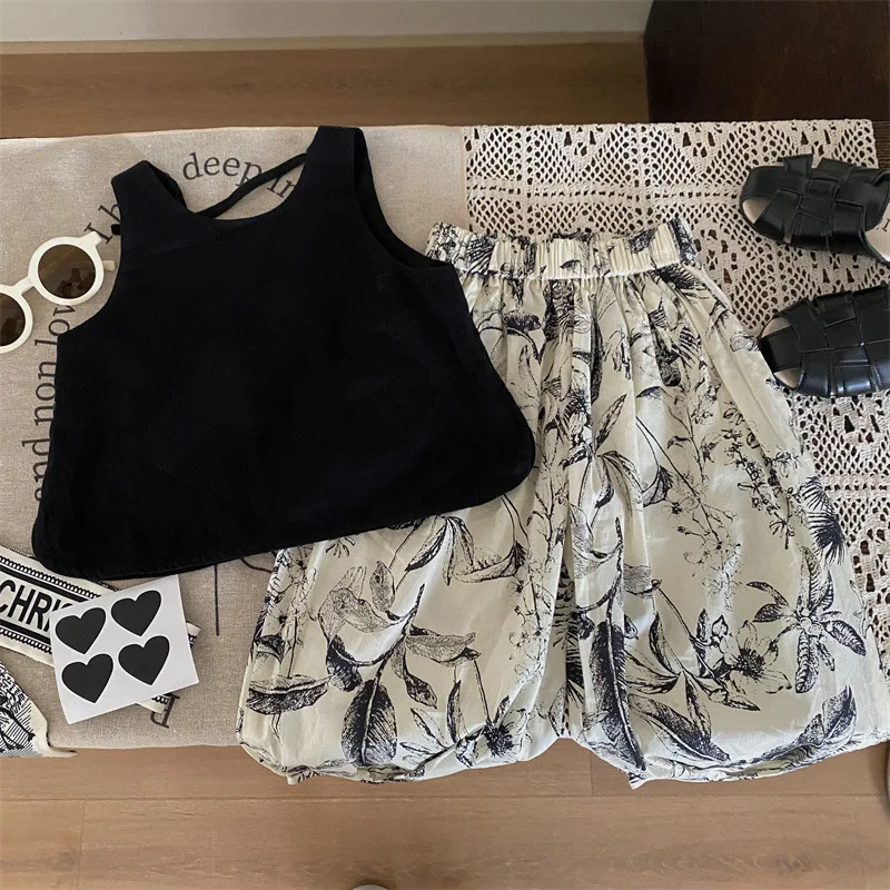 Korean Children's Clothing 2025 New Summer Girls Sleeveless Vest Girl Baby Ink Wind Mosquito Proof Pants Two-piece Set
