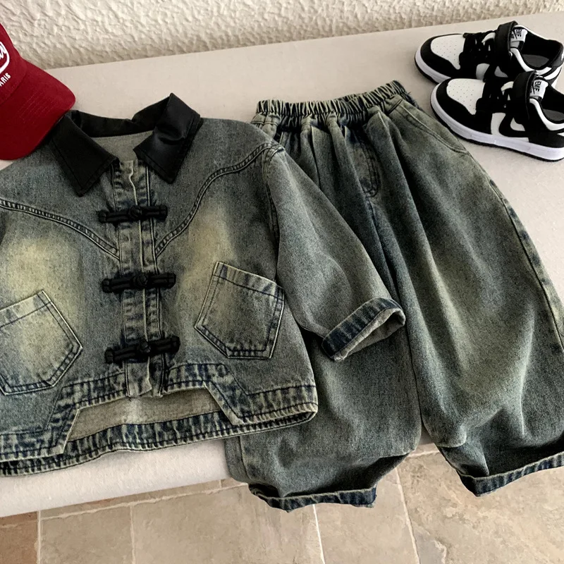 Boys' Suit 2026 Spring And Summer New Children's Wear Korean Style Boys And Girls Retro Plate Button Design Jeans Two-piece Set