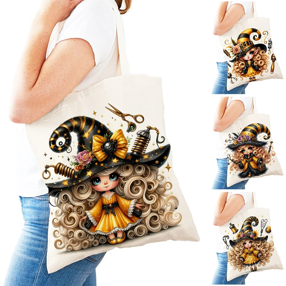 

Cartoon Curly Hair Girl Shopping Bags Eco Lady Shoulder Tote Double Print Reusable Casual Women Shopper Bag ChildHandbag