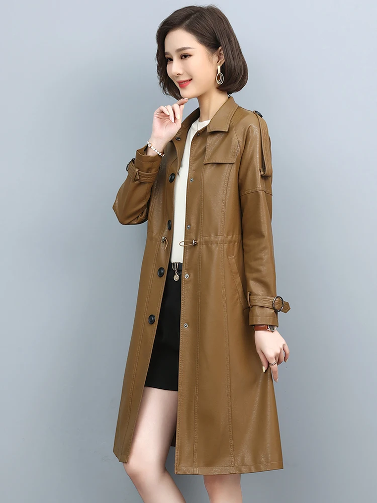 Pop Women Genuine Leather Trench Coat Spring Nice Fashion Turn-down Collar Solid Color Drawstring Loose Long Sheepskin Coat