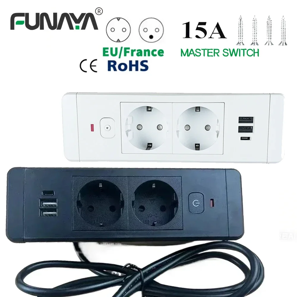 مآخذ غائرة لطاولة الاتحاد الأوروبي KR France 2 USB-A 1 Type-C PD مدمجة في مخرج طاقة مخفي لسطح المكتب مع تمديد للمطبخ المكتبي #2