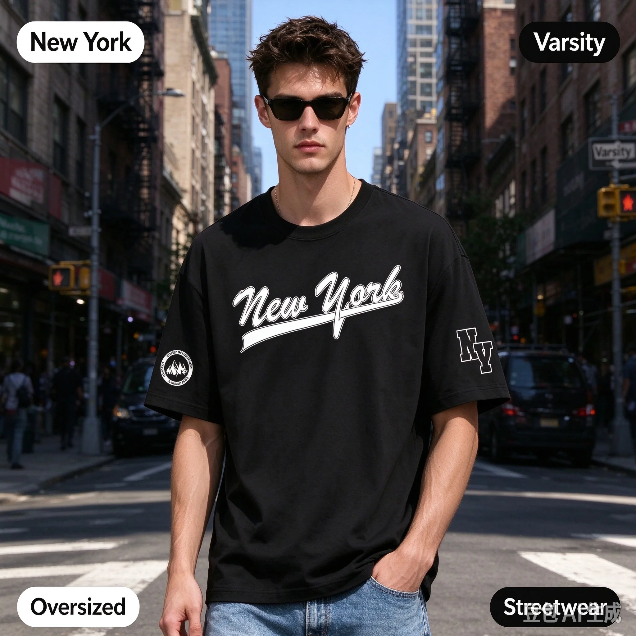 Mens T Shirt New York Graphic Tee Casual Short Sleeve Black Varsity Oversized Streetwear Cool Urban Retro Soft Vintage Top