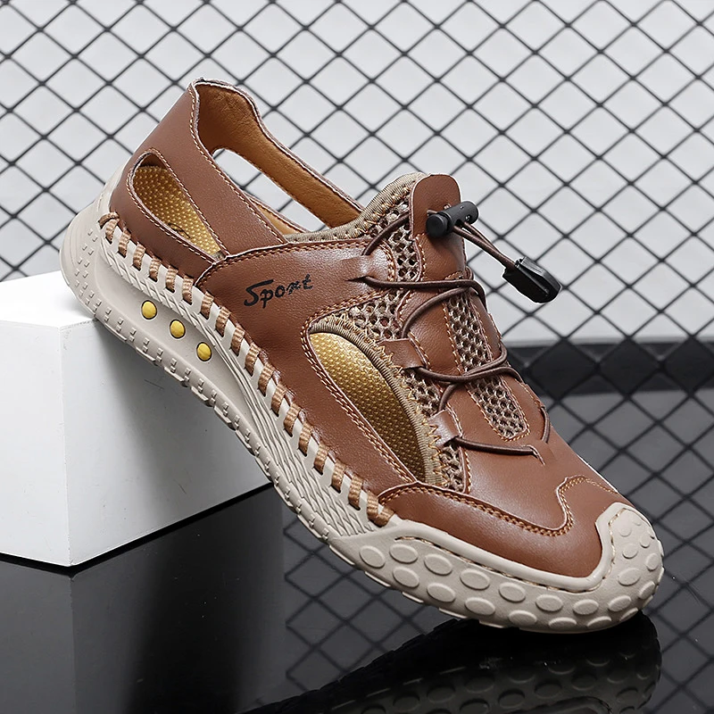 

Summer men's casual beach shoes with genuine leather splicing mesh breathable design, anti slip, wear-resistant, shock-absorbing