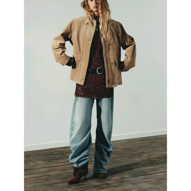 Jesienna damska kurtka casualowa, długa, z aksamitu i skóry ekologicznej, z klapami, modny design, włókno poliestrowe 100%, odzież wierzchnia damska.