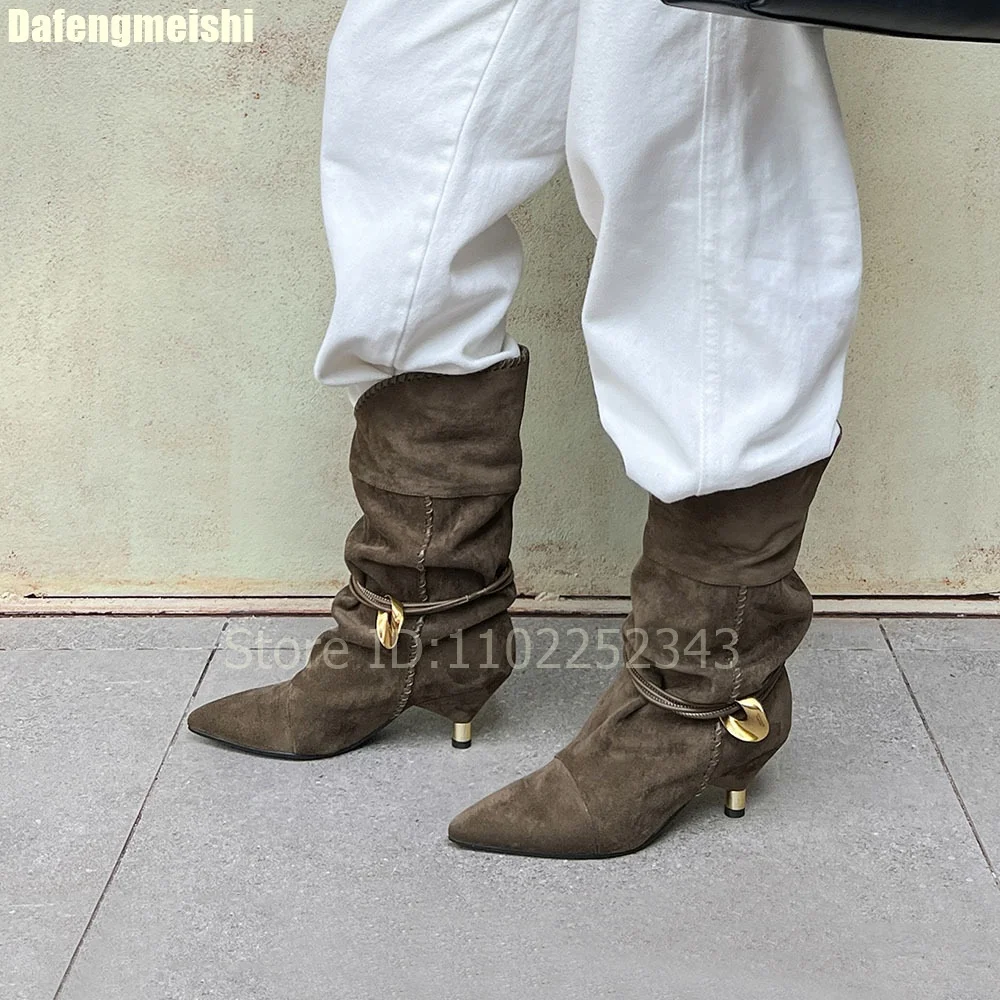 

2025 Spring New Kitten Heel Boots Turn-Up Slip-On Metal Buckle Solid Pointed Toe Pleated Lace-Up Suede Fashion Women's Boots
