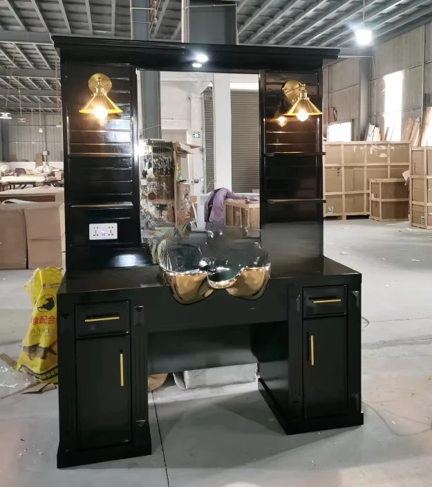 Barber Table Cabinet LED Mirror Wooden Salon Table Men's Barber Table