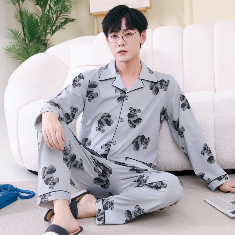 Big Size Warm Sleepwear for Winter Pajamas Men\'s Long-Sleeved Youth Home Clothing 2PCS Set Cartoon Bear Black Gray Blue Casual