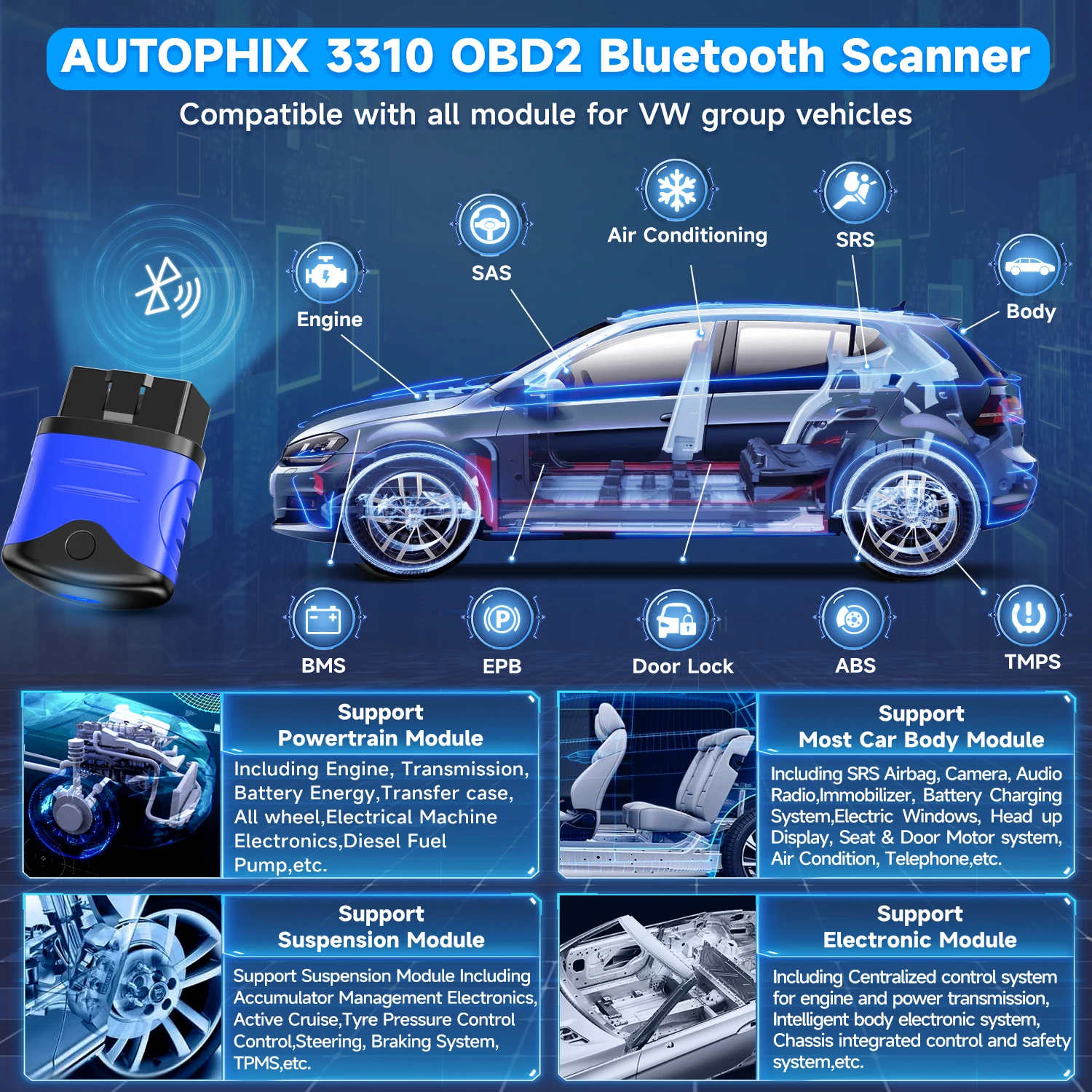 AUTOPHIX 3310 Bluetooth OBD2 Scanner For VW/Audi/Skoda Car Code Reader Check Engine All System Diagnostic Tool For IOS/Android