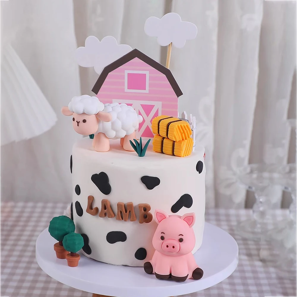 Boerderijdieren Cake Topper Rustieke Cake Decoratie Lammeren, Pony 'S, Biggen, Kuiken, Hooibergen Voor Kinderen Gelukkige Verjaardag Feestartikelen