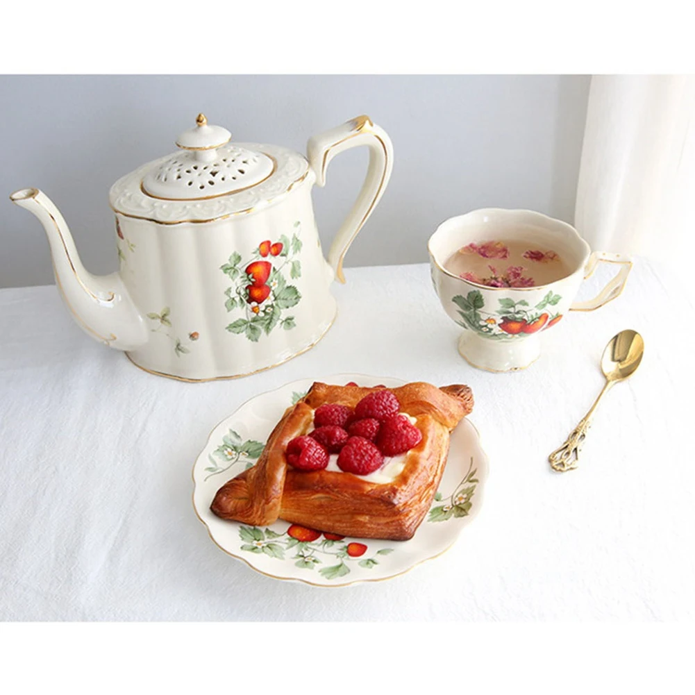 French Retro Teapot Coffee Cup Set Gold Edge Cup Saucer Flower Big Teacup English Afternoon Tea Cup