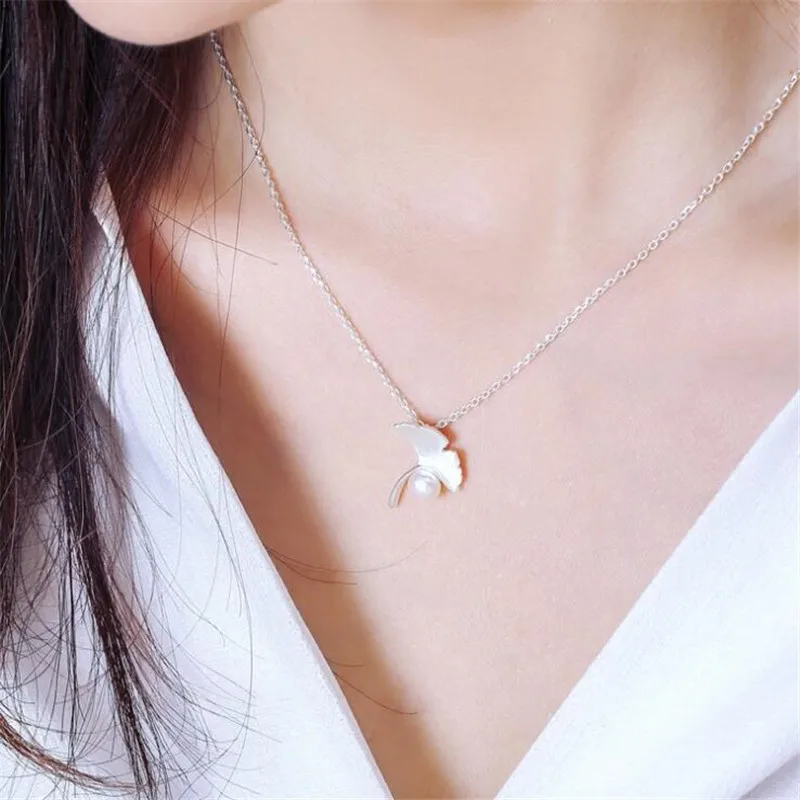 Personality Popular Creative 925 Sterling Silver Jewelry Exquisite Ginkgo Biloba Pearl Elegant Simple Pendant Necklaces   HZX299