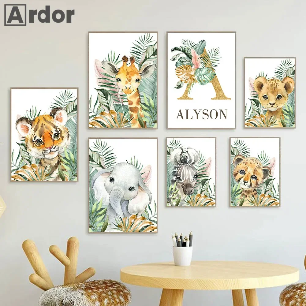 Jungle Animals Elephant Art Prints Custom Name Wall Posters Giraffe Canvas Painting Nursery Print Pictures Baby Kids Room Decor