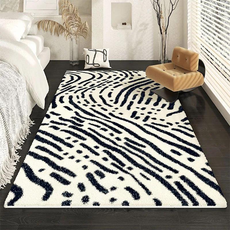 Fluffy Area Rug Short Plush Bedroom Rug Bedside Carpet Abstract Pattern Rectangular Anti-Slip Rug Striped Living Room Sofa Rug