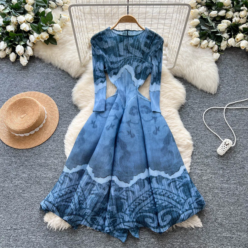 

Элегантное ретро-платье с круглым вырезом и рюшами, свободное повседневное платье трапециевидной формы с длинными рукавами и высокой талией, женское осеннее платье