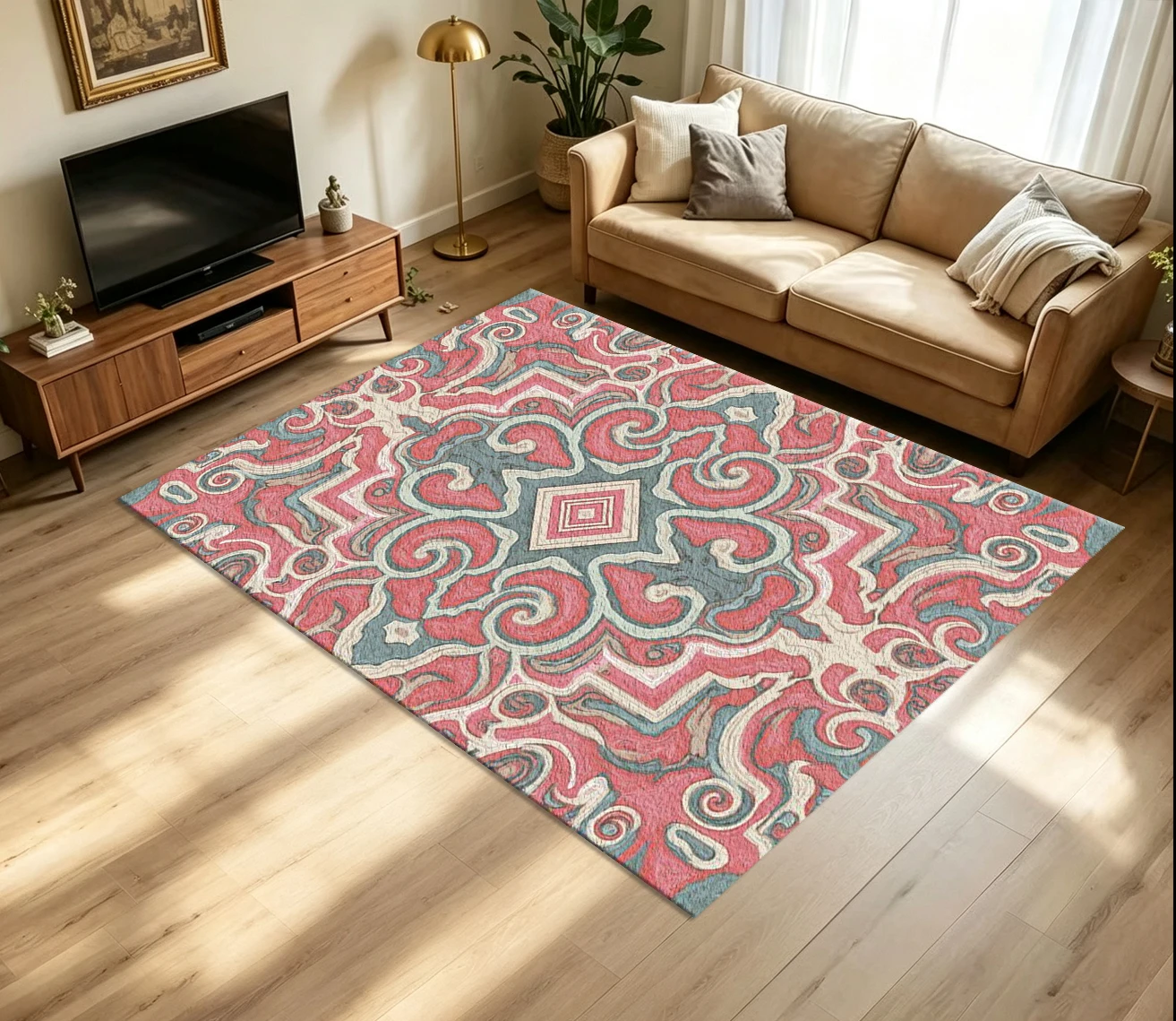 Artistic Swirl Mandala Carpet Flooring Abstract Symmetrical Curly Ornament Rhombus Center Printed Floor Rug for Household Room Home Decoration