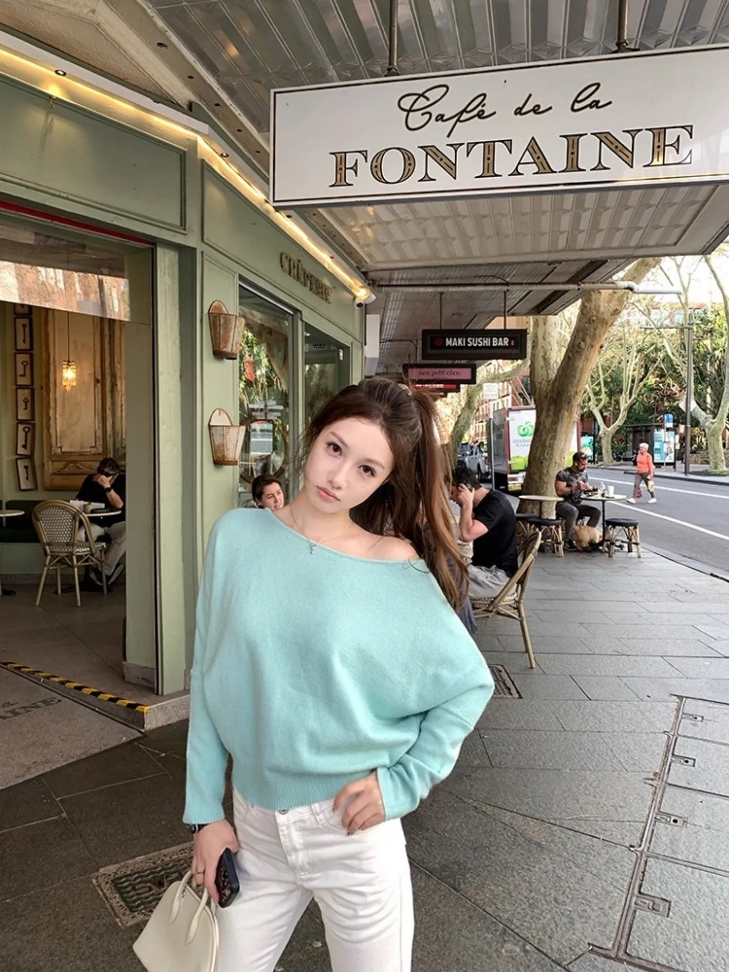 Green Asymmetrical Shoulder Knitted Sweater Women's Autumn Winter Korean Style Beautiful Elegant Lazy Shoulder Baring Top