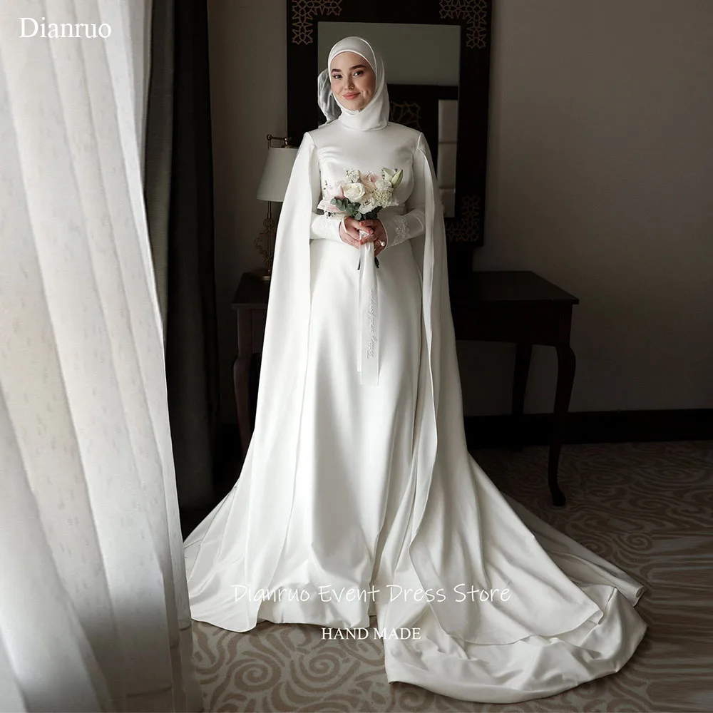 Dianruo bescheiden A-lijn trouwjurk trein bevestigd Grand vestido de noiva ruches cape mouwen vintage avondjurk op maat