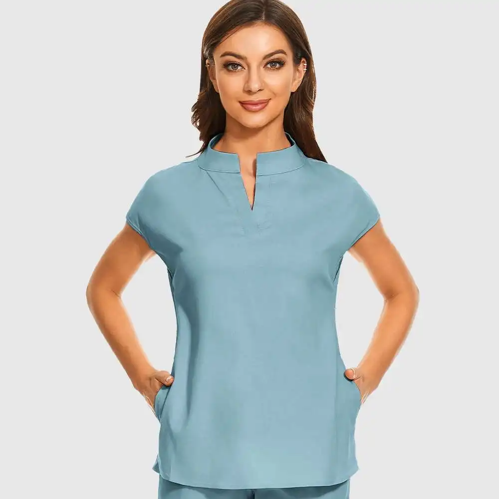 

Fashion Stand Collar Scrubs Tops For Women Medical Uniforms Top Short Sleeve Blouse Soft Slim Nurse Shirts Lab Workwear Surgery