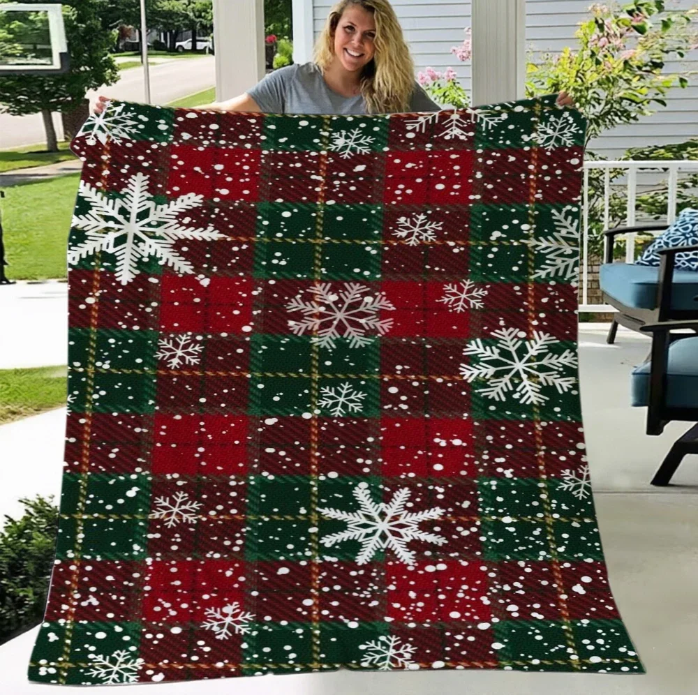Red Green Blanket Christmas Buffalo Plaid Soft Flannel Cozy Warm Throw Blankets For Sofa Bed Snowfall Snowflake Country Style