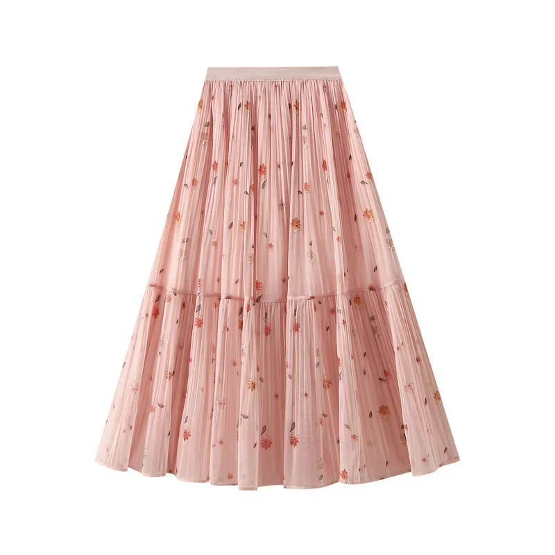 Women's Spring Summer Floral Print Mesh Pleated Long Skirts Fashion High Waist Sweet Casual Chic Beautiful Skirts