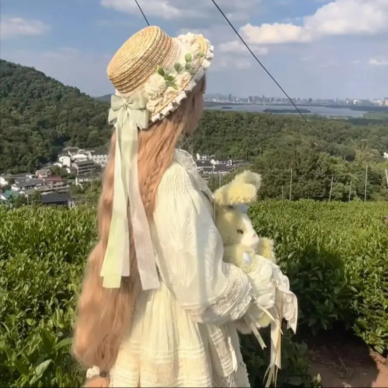 

2026 Original Mori Lolita Straw Hat, Pastoral Lace Bow Design with Streamers, Japanese Sweet Sunshade Derby Hats for Woman