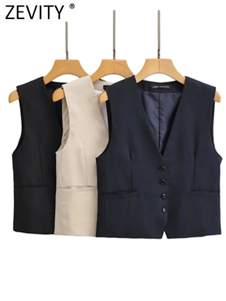 Zevity Women Fashion V Neck Single Breasted Pockets Slim Vest Jacket Ladies Sleeveless Casual Business WaistCoat Tops CT1117