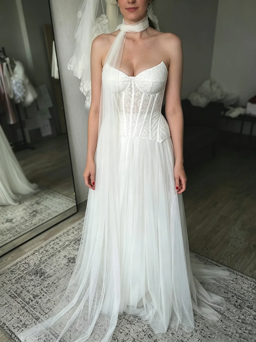 Two Pieces Lace Corset Bridal Dress Tulle A Line Sweetheart Neck Scarf Zipper Brush Train Ivory Customized Modern Wedding Gowns