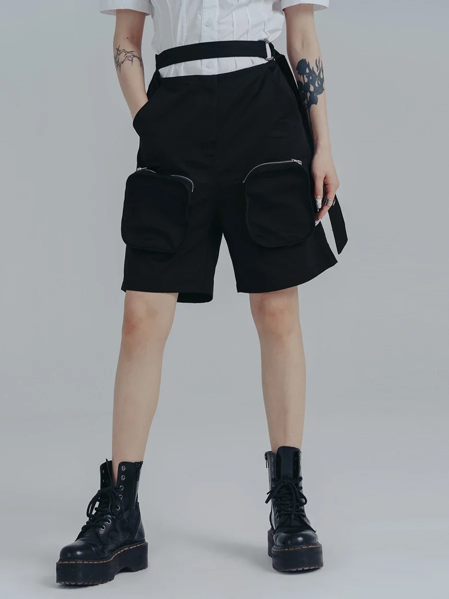 Cakucool New Summer Women Personality Korean Cargo Half Pants Big Pockets Off White Breif Normcore Design Medium Pants Capris