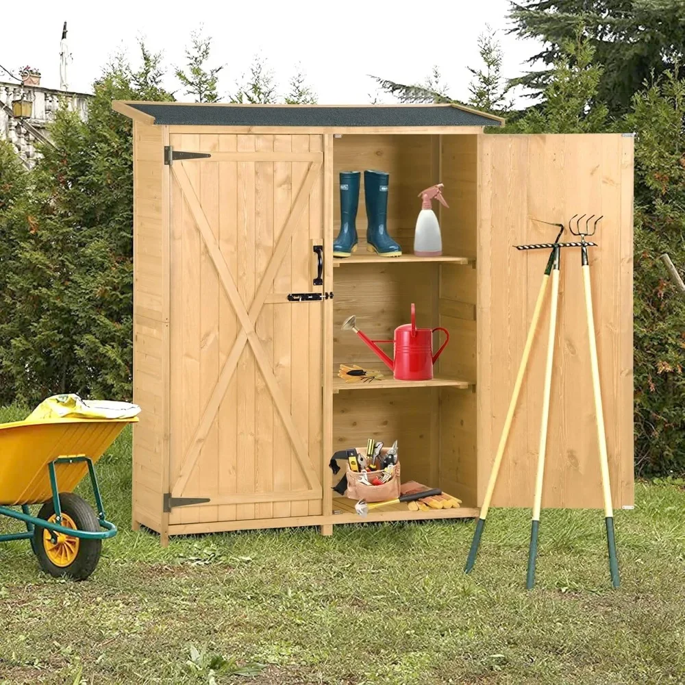 Outdoor Wood Storage Shed Tool Organizer, Garden Shed, Storage Cabinet , 3-Tier Shelves for Backyard, Natural