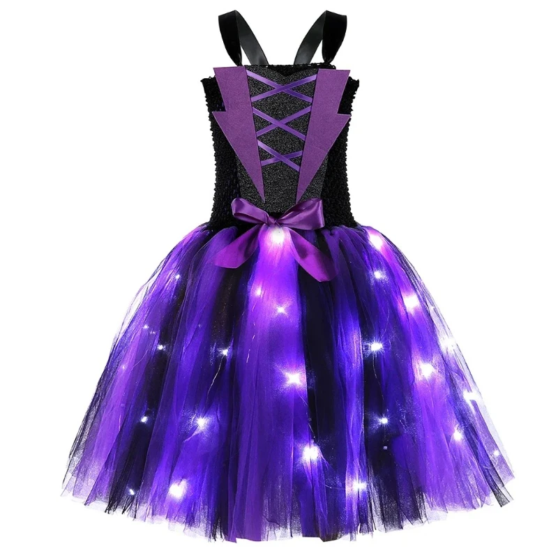 Halloween Witch Costume for Kids LED Light Up Wicked Witch Cosplay Tutu Dress Outfit Toddler Girls Fancy Carnival Party Dresses