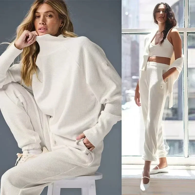 AL 2024 Yoga Weekend Escape Jogger Set Waffle Weekend Escape Cuello simulado Manga larga Color sólido Camisa de moda casual