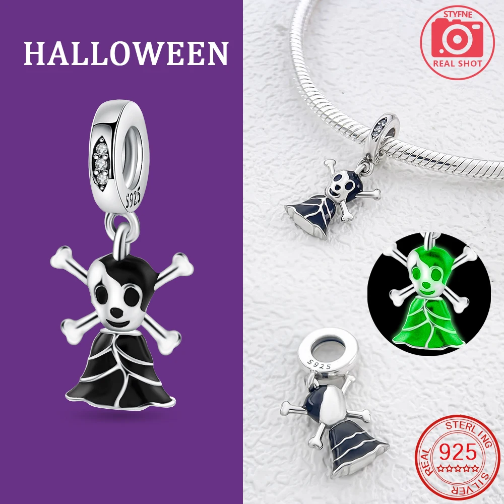 2024 New 925 Pure Silver Halloween Happy Night Light Black and White Skull Ghost Cross Pendant Bracelet Charm Fit DIY Jewelry