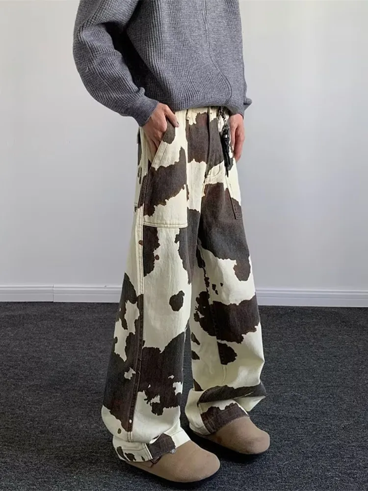 2025 cyber y2k streetwear padrão de vaca baggy novas calças jeans para roupas masculinas perna larga em linha reta algodão calças compridas ropa hombre