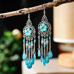 New Flower Water Drop Earrings for Women Retro Boho Long Silver Color Chain Crystal Bead Dangle Earring Ethnic Vacation Jewelry