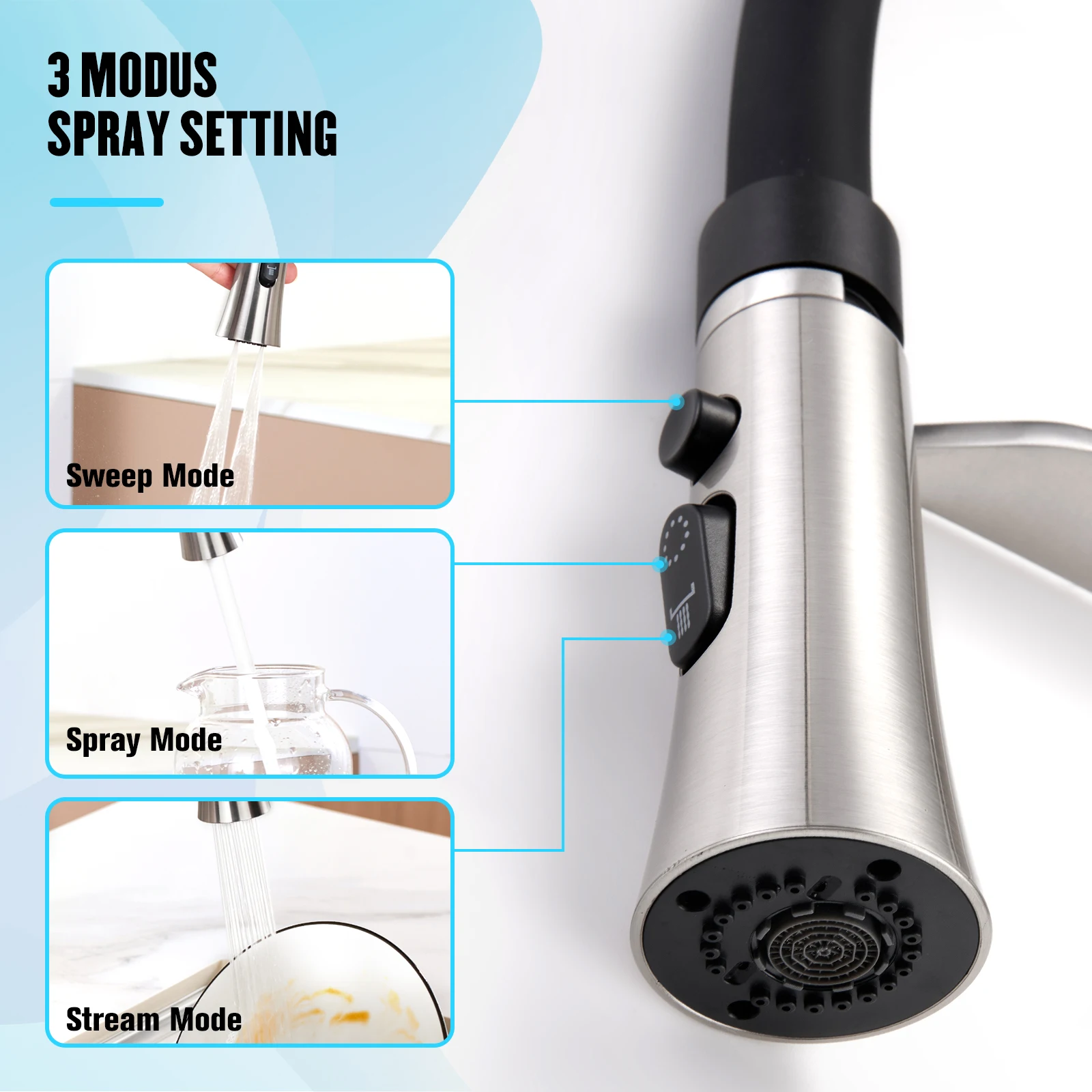 صنبور مطبخ متعدد الوظائف مصقول بالكروم الأسود بمقبض واحد، صنبور مطبخ قابل للسحب للأسفل مع فرشاة