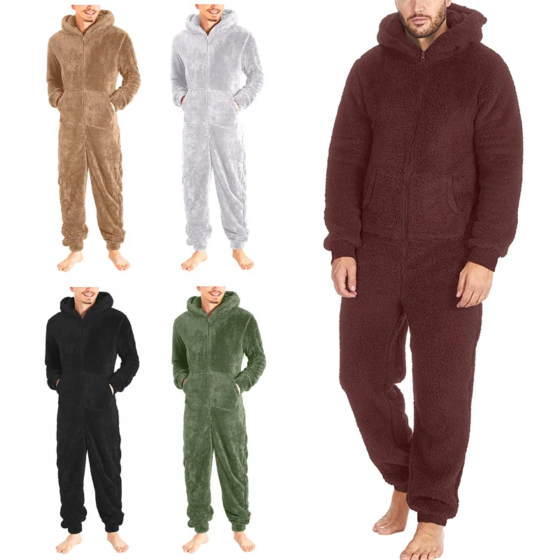 L-4XL 5Styles Thickened Plush Hooded Zipper Long Sleeve Jumpsuit Casual Loose Fitting Warm Man Autumn Winter Pajamas Sleepwear