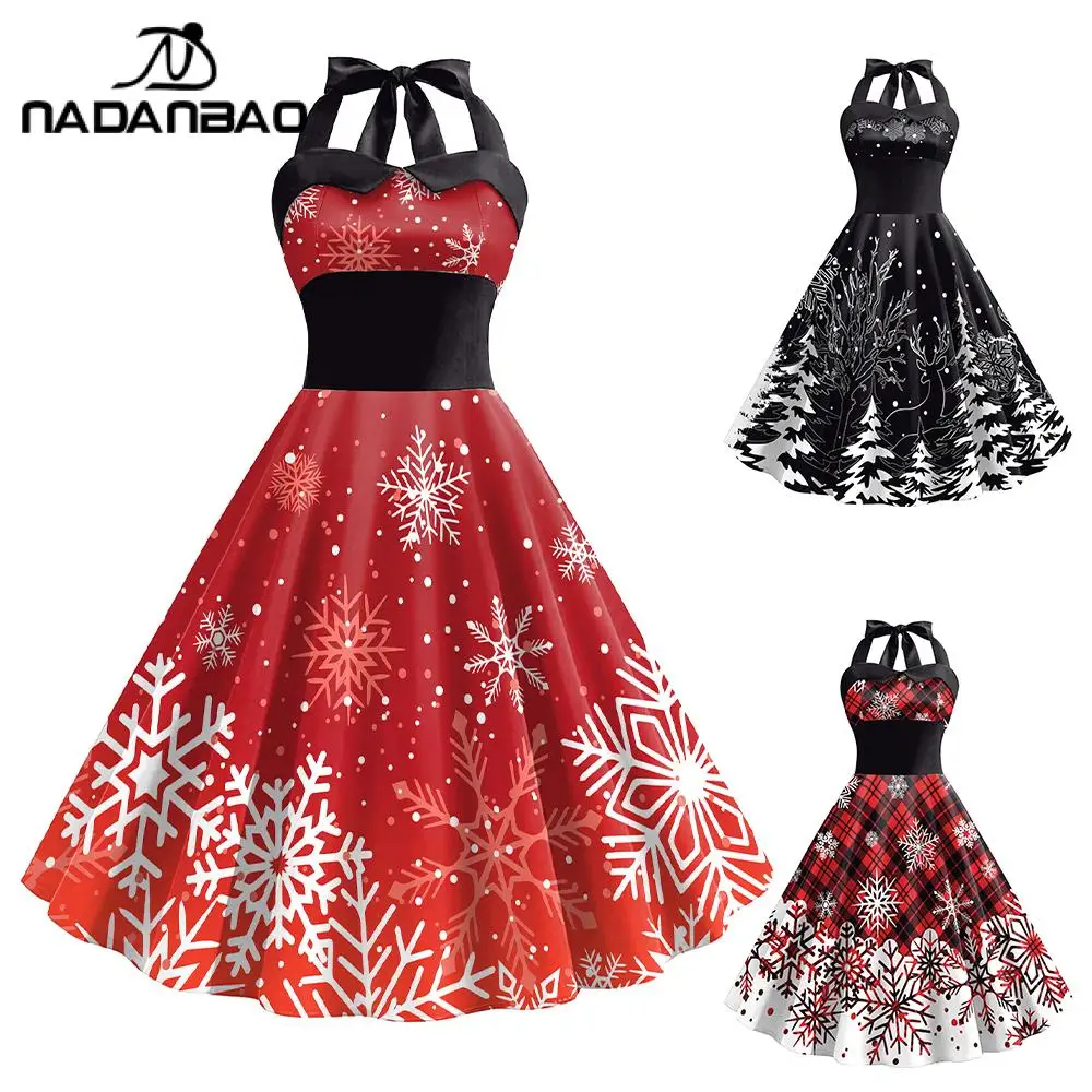 NADANBAO Red Plaid Snowflake Women Dress Halterneck Christmas Eve Party Dresses Sleeveless Sexy Clothes Mom Holiday Gifts