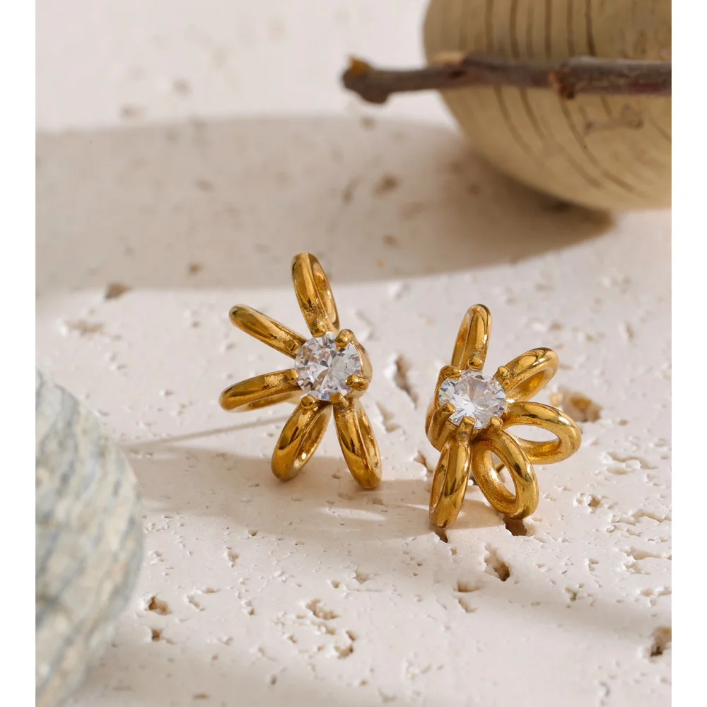 Yhpup Stainless Steel Zirconia Geometric Aesthetic Stud Earrings High Quality Dainty Trendy Gold Color PVD Jewelry Waterproof