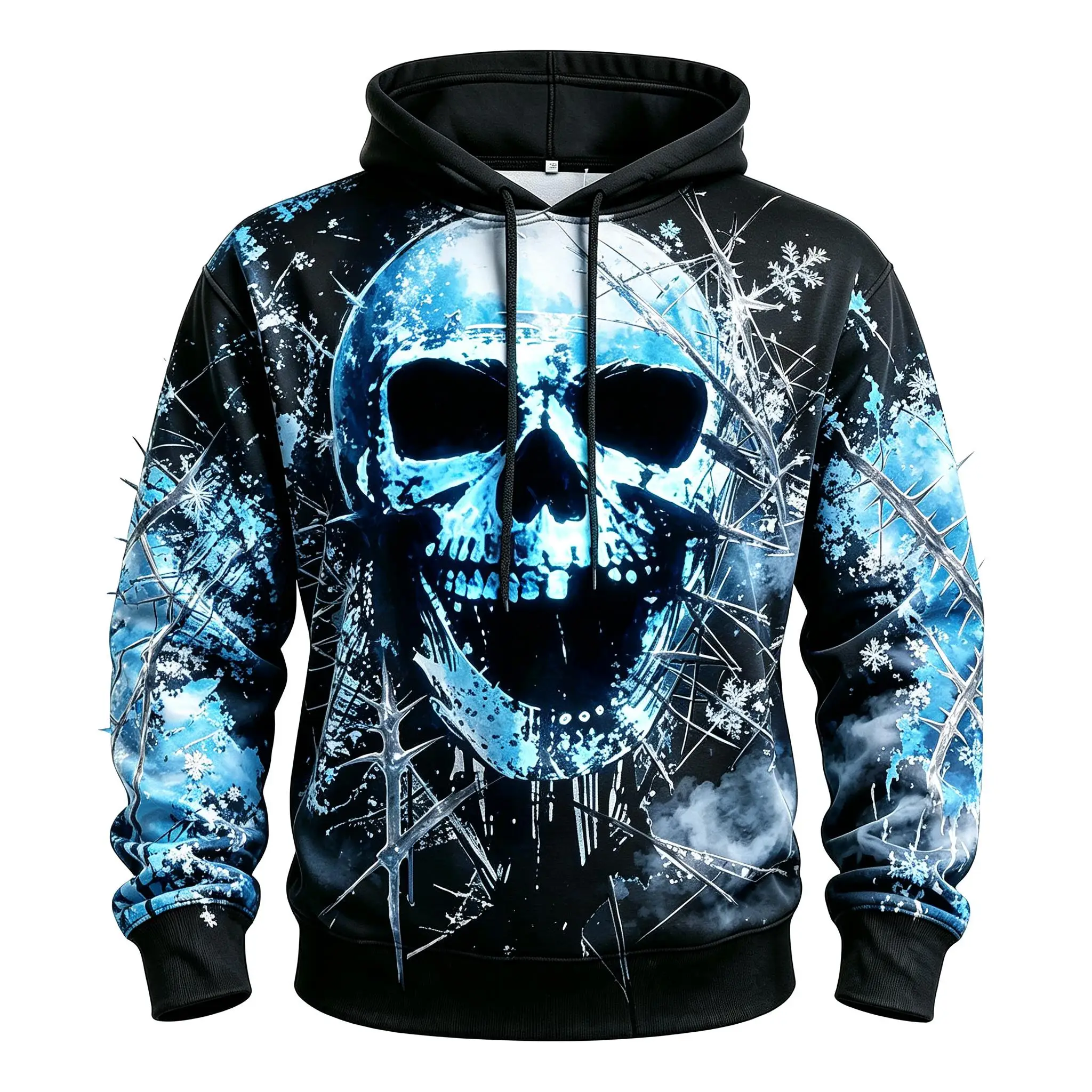 Men's Yellow Skull Thorn Splatter Paint Full Print Hoodie Halloween Gothic Long Sleeve Drawstring Sweatshirt For Streetwear