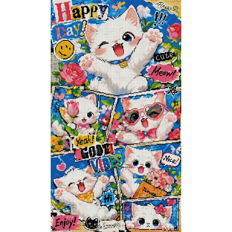Cheerful Kitten Collage Diamond Painting Kit, Square/Round Diamonds Full Drill Rhinestone Mosaic Wall Decor Craft Kit Home Gift