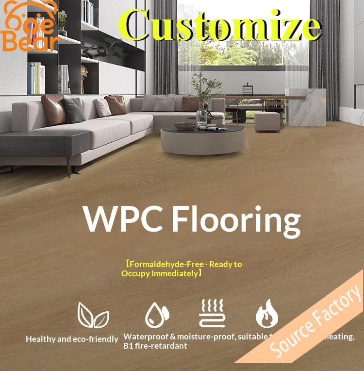 Customizable eco-friendly WPC stone-plastic flooring — natural wood-grain tones, waterproof, interlocking installation..