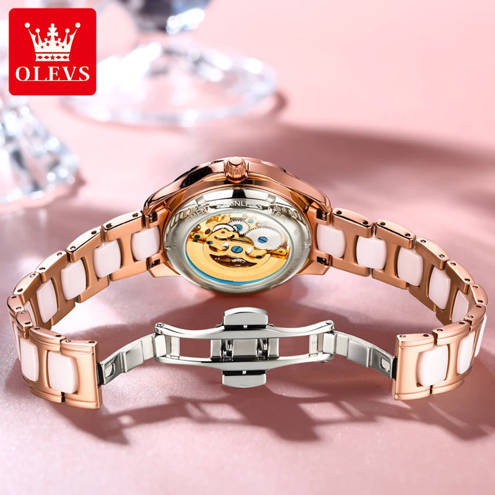 OLEVS Brand Fashion Hollow Mechanical Watch for Women Luxury Ceramics Strap Waterproof Skeleton Watches Womens Relogio Feminino