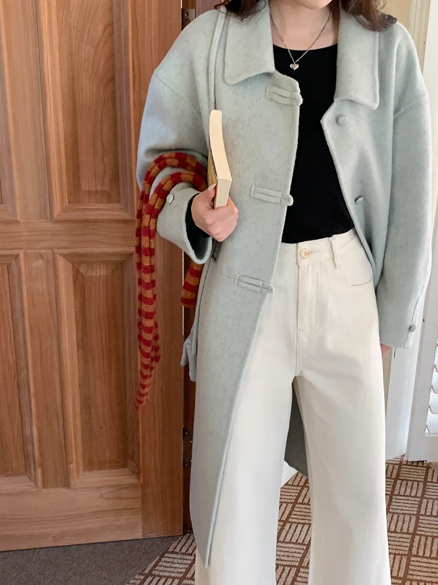 

Женское зимнее пальто 2025 года, повседневное свободное шерстяное пальто с воротником в стиле ретро, новая модная верхняя одежда