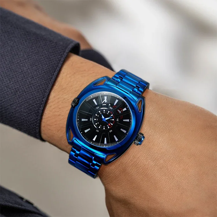 Orologio da uomo alla moda hip-hop con doppio movimento blu, design personalizzato, funzioni luminose, orologio sportivo, orologio da uomo con movimento giapponese