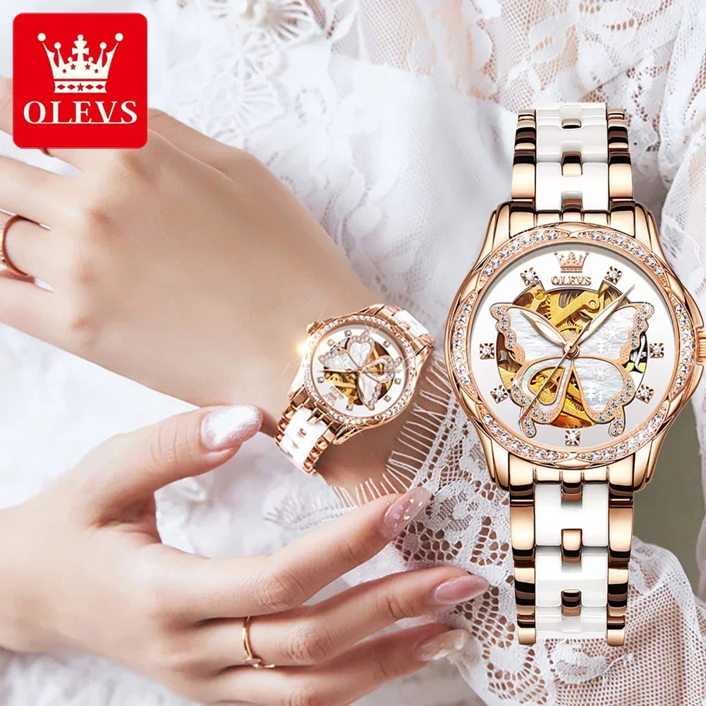 OLEVS 6622 Waterproof Ceramic Strap Women Wristwatches, Fashion Luxury Automatic Mechanical Watch For Women