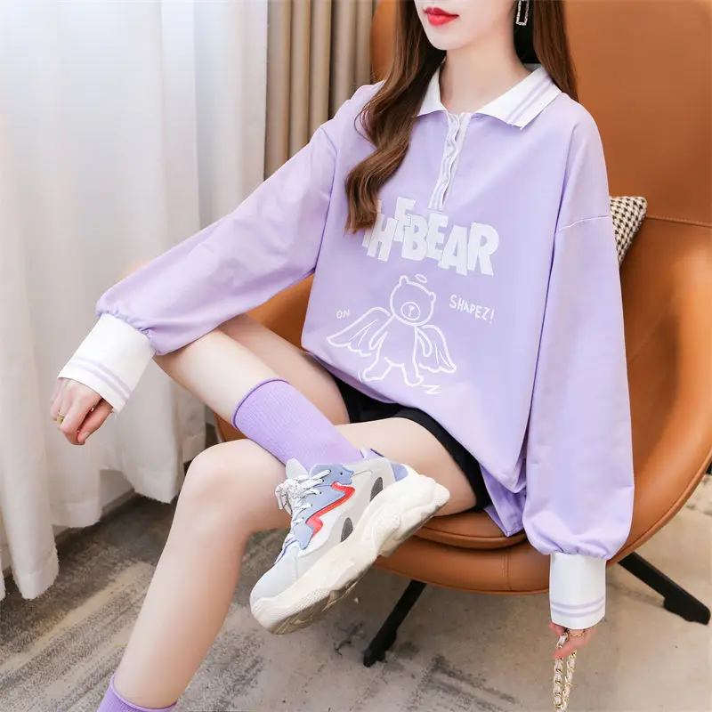 Autumn Long Sleeve Fake Two Pieces Female Casual Korean Printing Turn-down Collar Plaid Sweatshirts All-match Patchwork T-Shirts