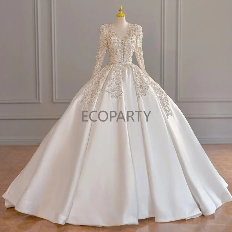 

Wedding Dress Long Sleeve Heavy Industry 2023 New Bride V-Neck Satin High Quality Palace Main Wedding Dress French Wedding Dress