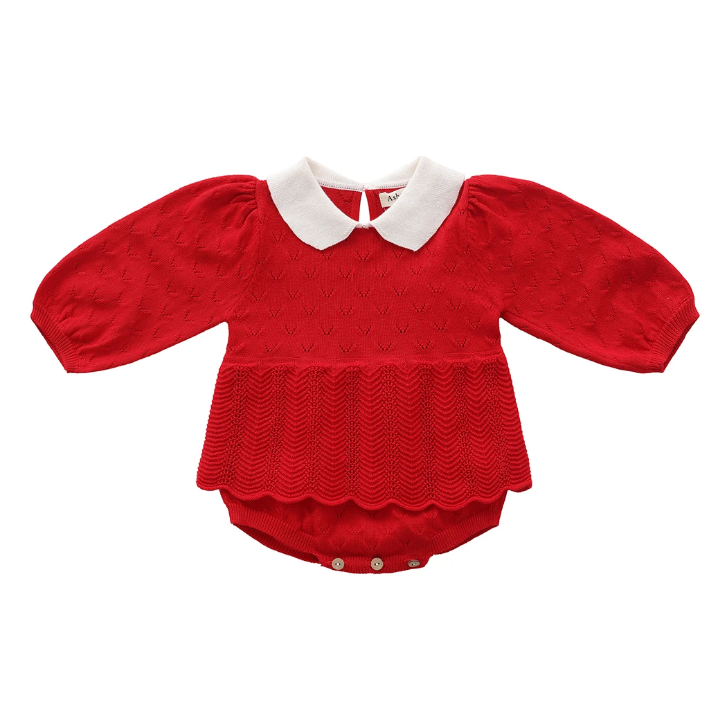 0-24M Spring Baby Girl Romper Dress Infant Long Sleeve Knitted Rompers Toddler Lace Tutu Jumpsuit Newborn Knitted Hollow Outfits